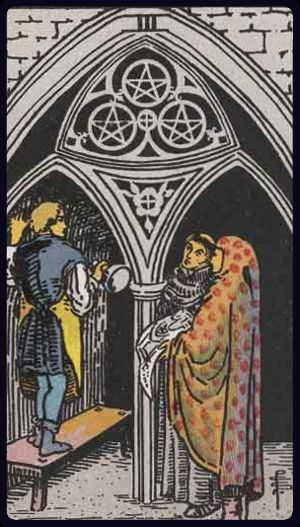 Cartel del Tarot Rider-Waite-Smith mostrando a un personaje conversando con otro frente a una puerta arqueada con símbolos esotéricos en la parte superior.