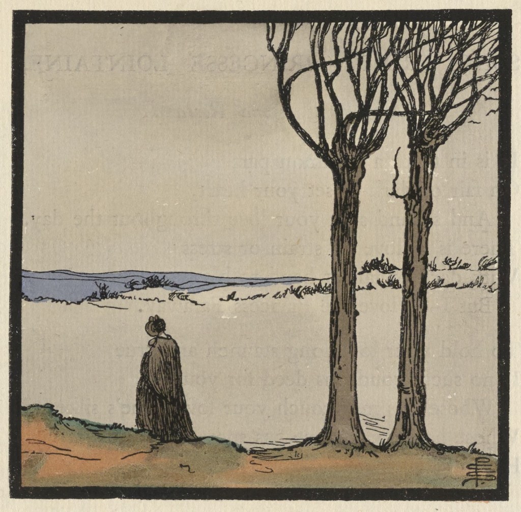 Ilustración de una figura femenina vestida de negro, de pie junto a dos árboles delgados, mirando hacia un paisaje sereno con un horizonte de colinas bajo un cielo claro.