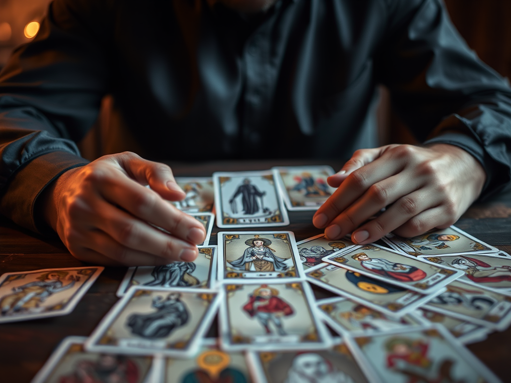 Imagen de tarotista con cartas del tarot sobre una mesa.