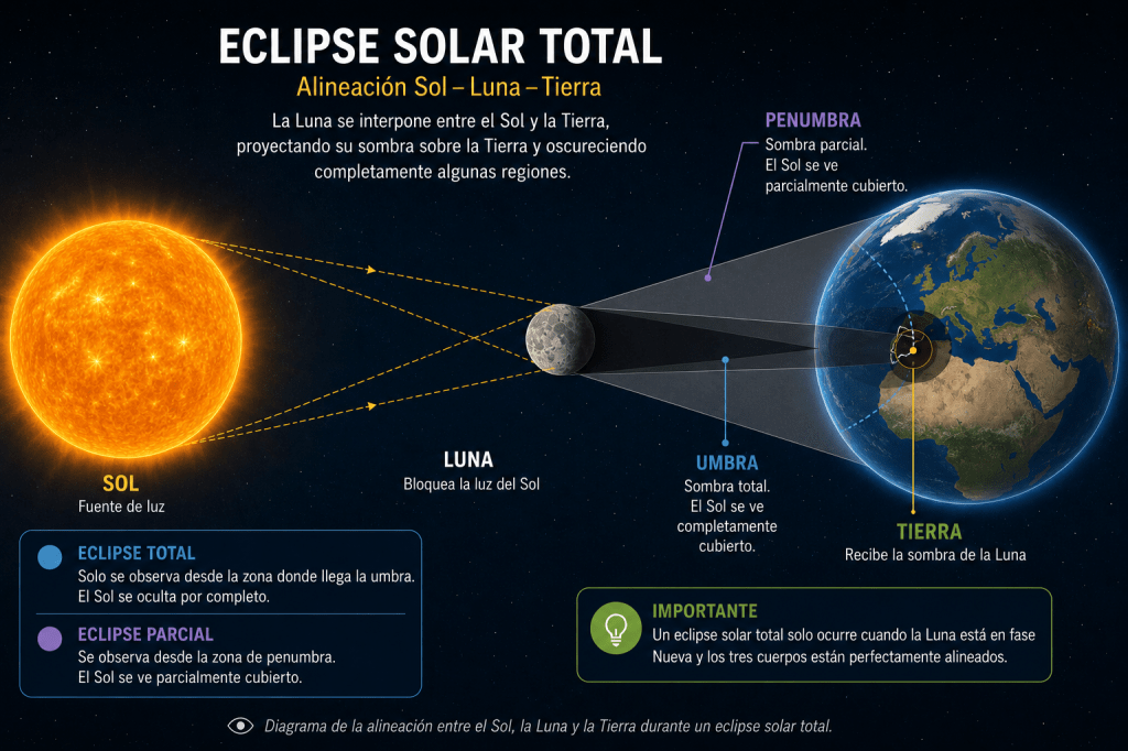 Diagrama de la alineación entre el Sol, la Luna y la Tierra durante un eclipse solar total.