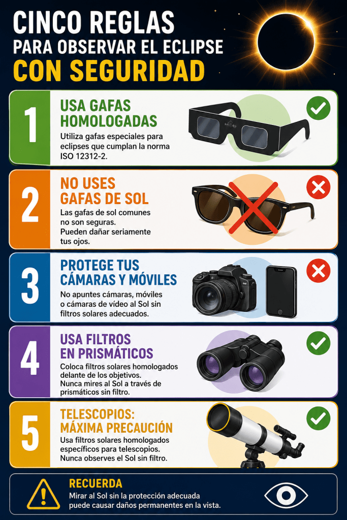 Consejos para observar un eclipse: usar gafas homologadas, no emplear gafas de sol y proteger cámaras, prismáticos y telescopios.