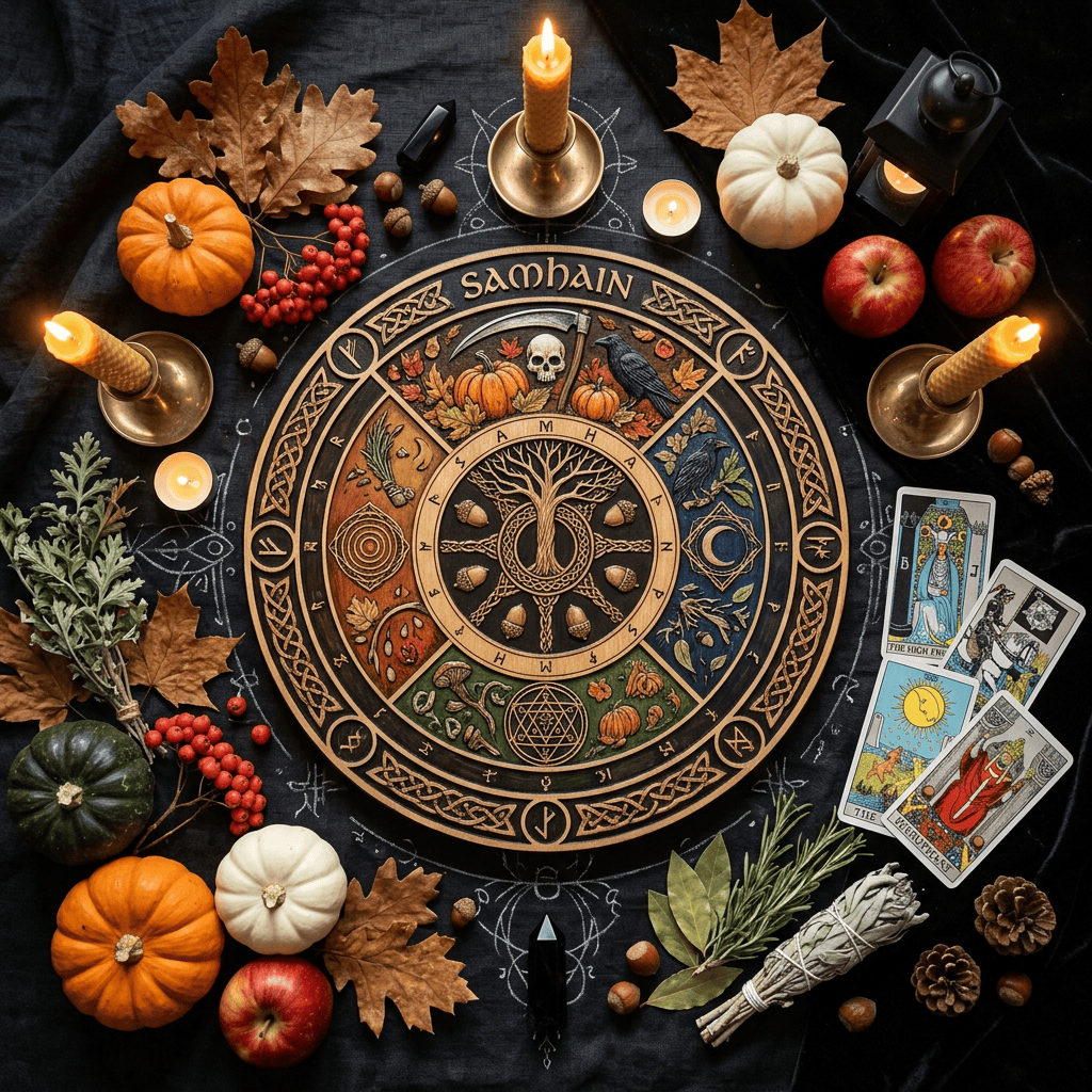 Samhain altar with candles, pumpkins, tarot cards, herbs, and autumn leaves
