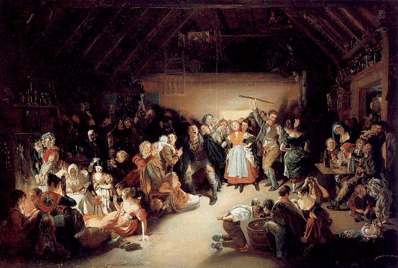 Una escena animada de una fiesta en una cabaña, con un grupo de personas disfrutando, cantando y bailando, mientras otros observan con atención.
