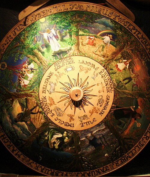 Una rueda decorativa que representa las estaciones del año, con imágenes alusivas a las festividades estacionales y el solsticio en su centro.